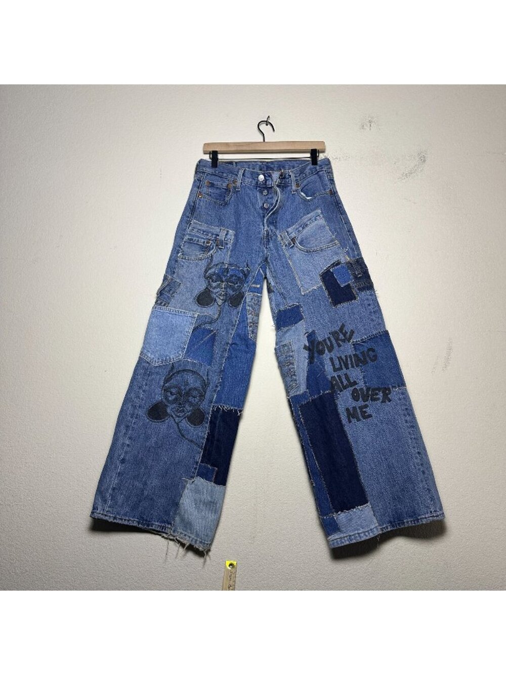 TERRIFIED CREATURE Women 30 Denim Jeans Hand Made DIY Patchwork Pant Button Fly